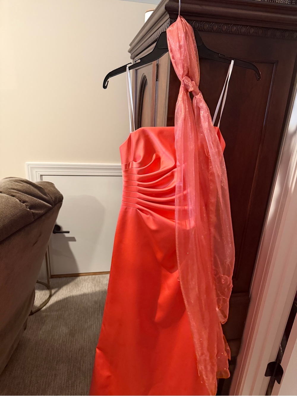Cache Coral Satin Strapless Evening Dress with Sheer Scarf